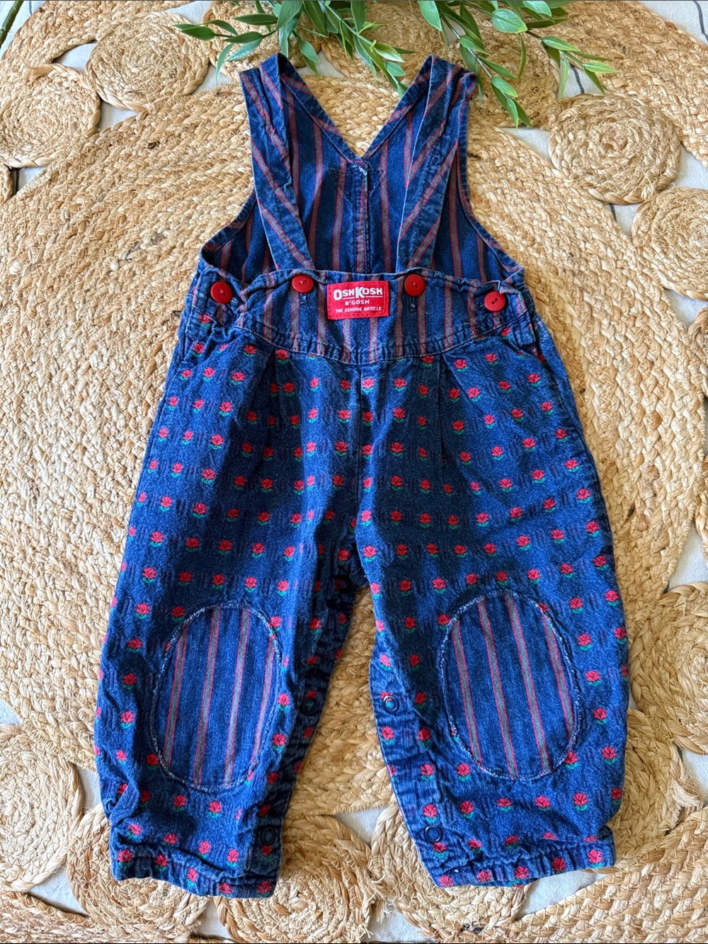 Vintage OshKosh Bgosh Vestbak Floral Striped Denim Genuine Article 18 mo USA